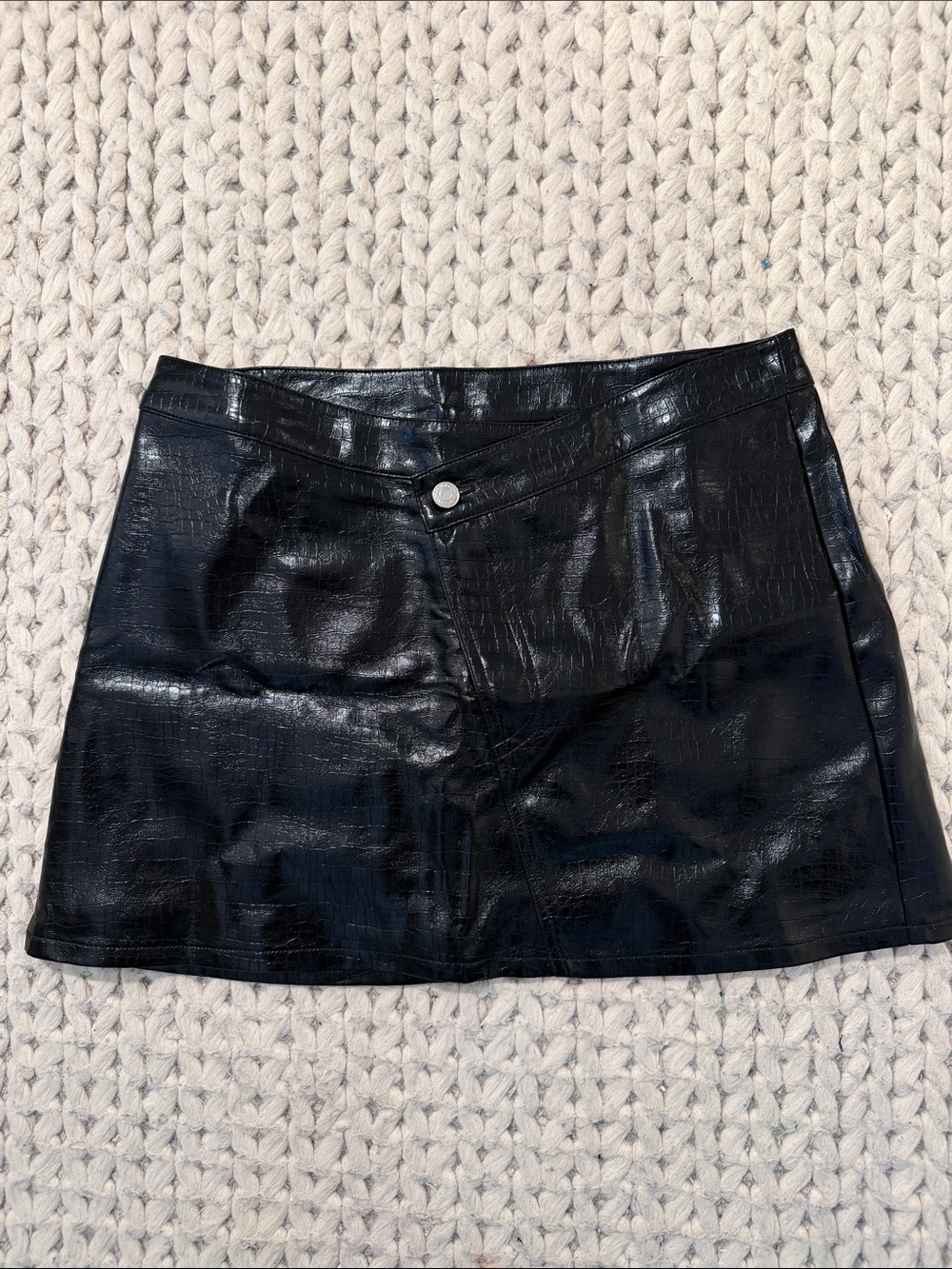 Aqua Shiny Black Faux Leather Mini Skirt with Angled Front Detail